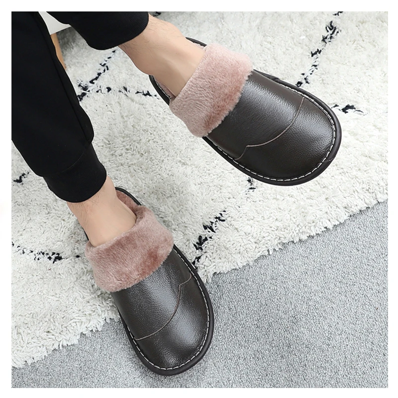 

Autumn And Winter Home Indoor Slippers Leather Home Non-slip Soft Bottom Slippers Men's Couple Warm Cotton Slippers Women