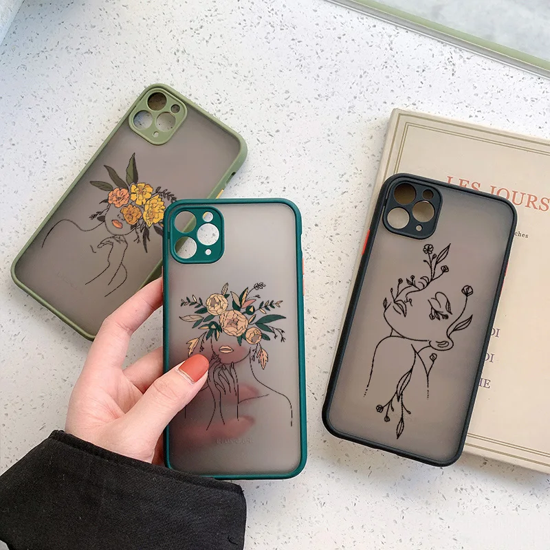 Line Art Sketch Flower Girl Protection Phone Case For iPhone 12 11 13 14 Pro MAX X XS XR SE 2 6s 7 8 Plus Hard Translucent Cover