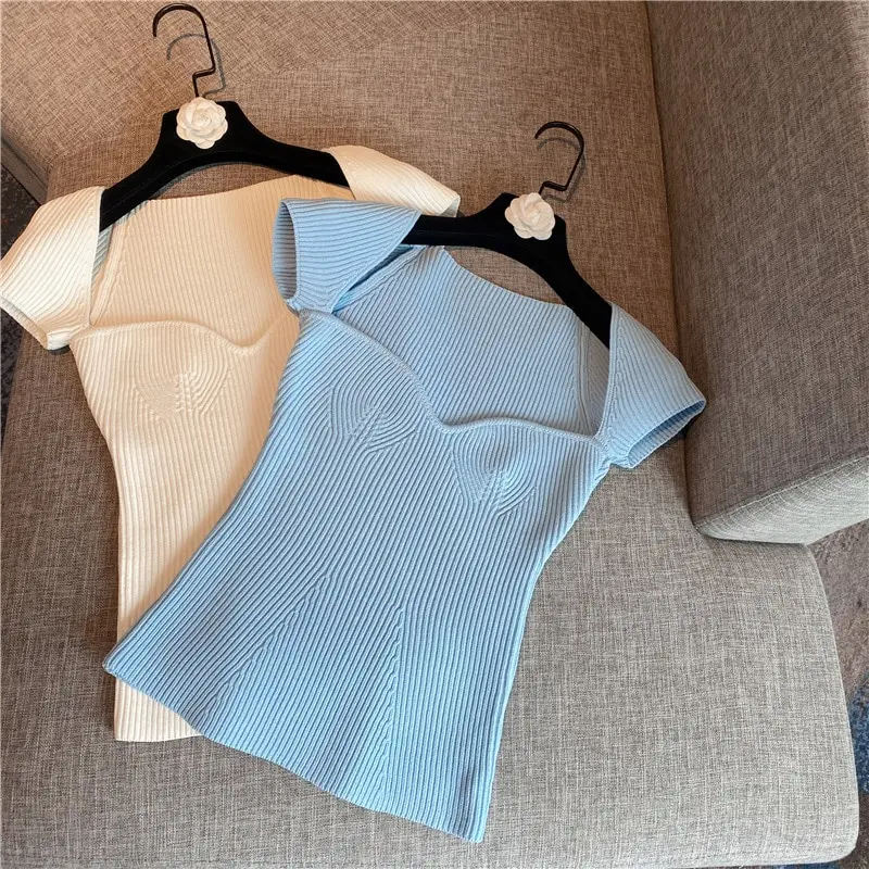 

Hot Sale Special Design Square Neck Sexy Knitwear Slim Strapless Women Thin Sweater High Quality