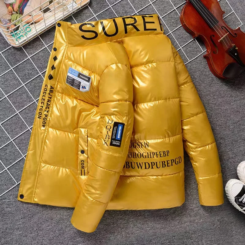 New Men'S Down Jacket Winter Trend Of Men'S Clothing Plus Velvet Thickened Bright Leather Men'S Jacket Imitation Silk Cotton