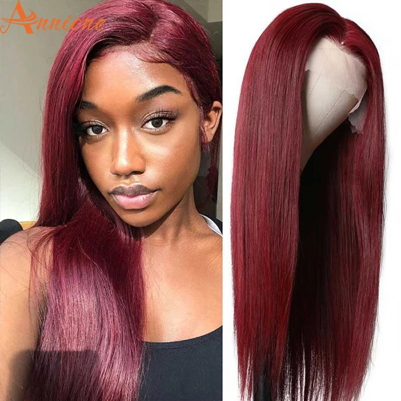 

Бразильские прямые волосы 13x 4, парик на сетке спереди, парики из человеческих волос 99J, красные бордовые предварительно выщипанные 150% натура...