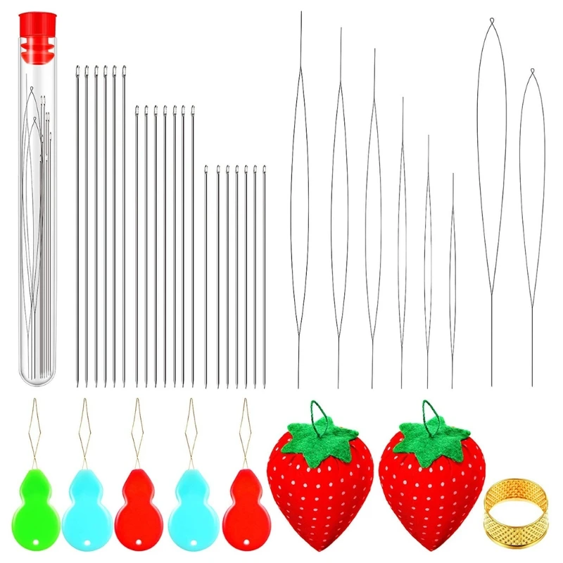 

37 Pieces Assorted Beading Needles Long Straight Beading Thread Needles Big Eye Beading Needles with Sewing Pin Cushion for