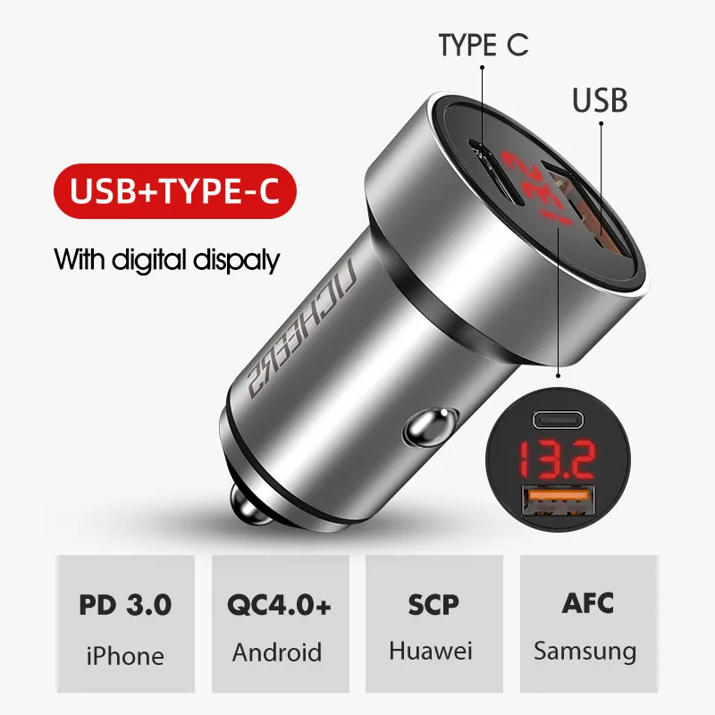 Type C USB Digital LINGCHEN автомобильное зарядное устройство 36 Вт Быстрая зарядка 4,0 3,0 Металл двойной USB для iPhone Xiaomi HUAWEI samsung usb type C 5A PD быстрое автомобильное зарядное устройство - Тип штекера: Type C USB Digital