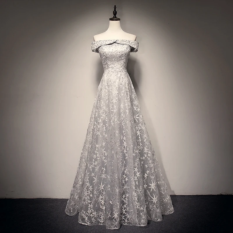 

Женское вечернее платье It's Yiiya, серебристо-серое блестящее платье с вырезом лодочкой и открытыми плечами, BR1242