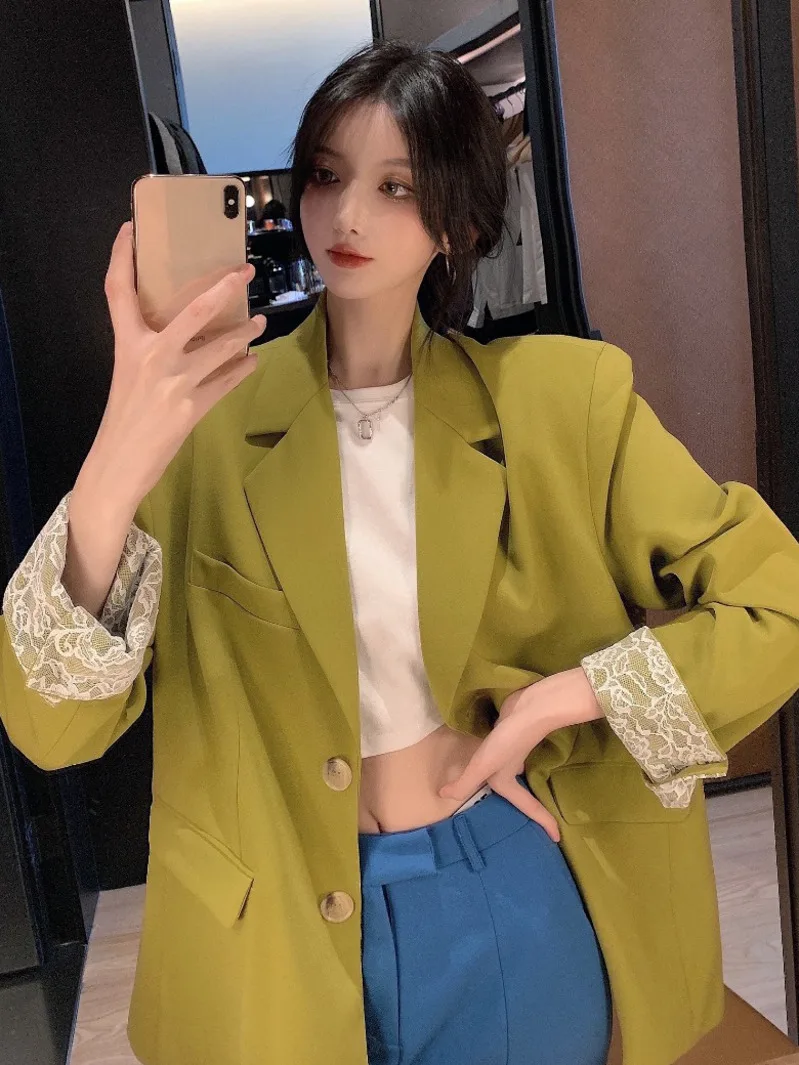 

Retro Lace Suit Jacket Women Spring And Summer Pant Suits Thin Section 2021 New Suit Casual Mid-length Top Pants Sets
