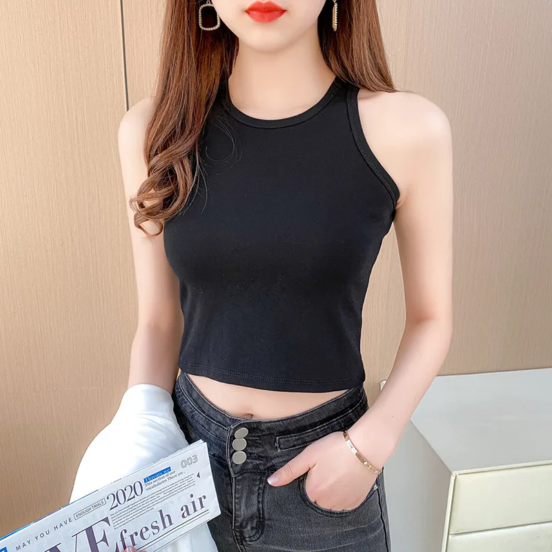 

2021 New Vest For Women In Summer High Waist Stretch Cotton Slim Sports Short Sleeve Less Undershirt With Leaky Navel