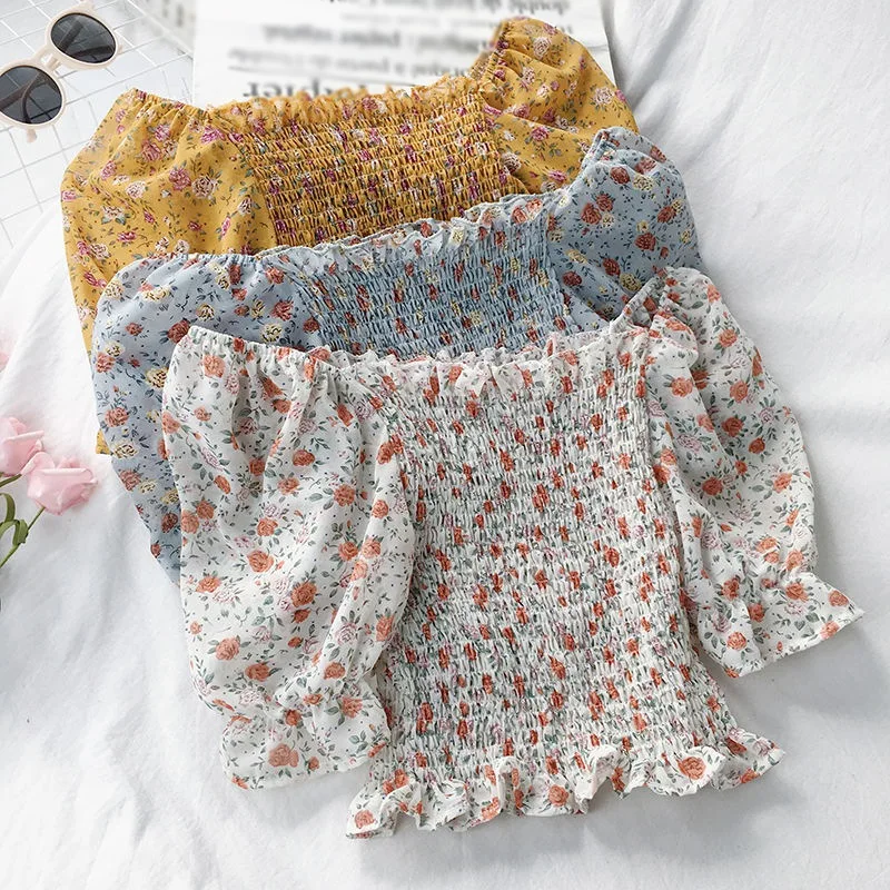 

Fashion Floral Print Blouse Slash Neck Sweet Shirts Short Sleeve Women's Chiffon Blouses Shirt