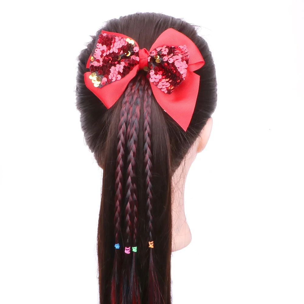 

Child fahion sequined bowknot wig gradient twist braid girls Wig Ponytail Hair Band Hair Accessories Hair Clip Hairpin kid gift