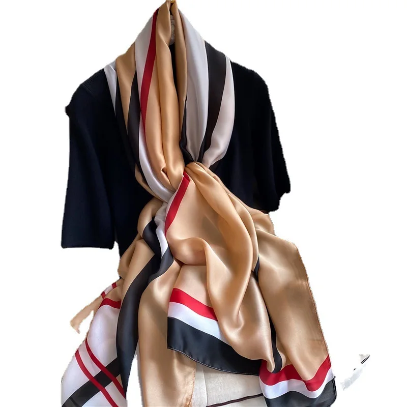 

New Spring and Summer Thin Stripes Women's Sunscreen Printing Plain Summer Silk Scarf Simulation Silk Scarf Shawl