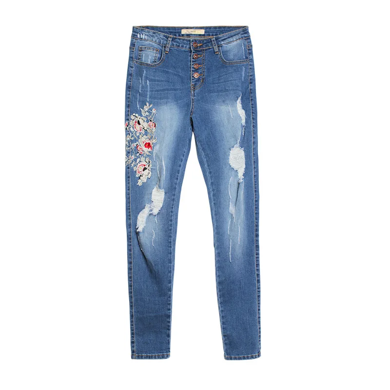 

Women's elastic slim mid high waist embroidered pierced jeans