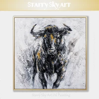 low price hand painted abstract animal black and white bull acrylic painting abstract strong animal bull acrylic knife painting