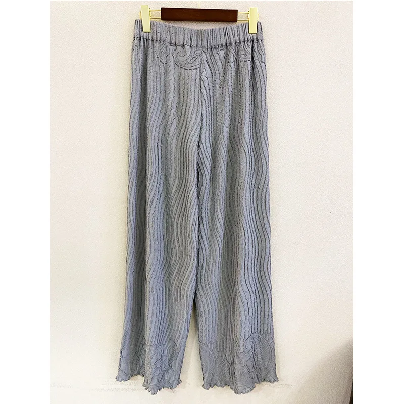 

TVVOVVIN 2021 Summer New Embroidery Loose Straight Ankle-length Pants Solid Color High Waist Casual Pleated Trousers Y12P