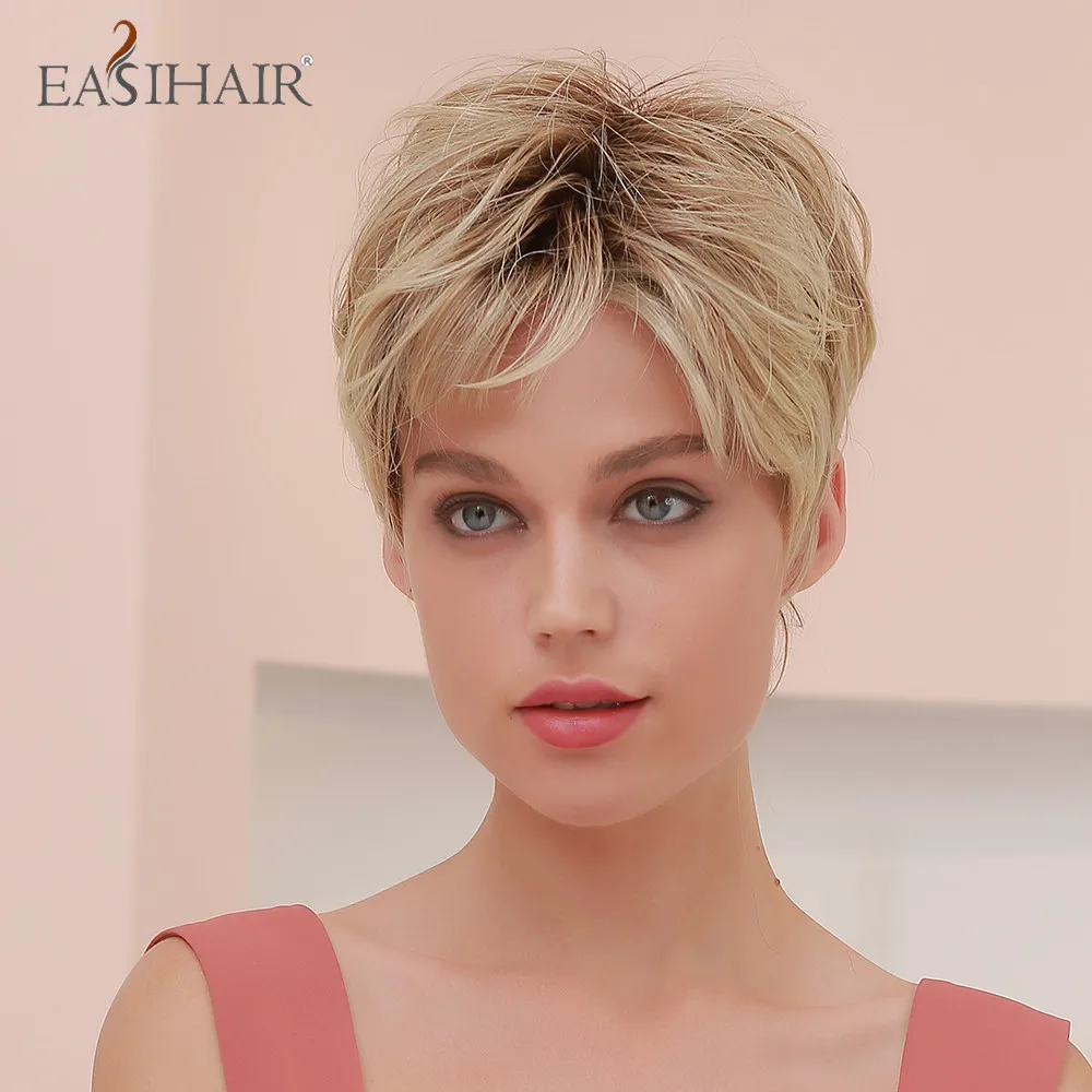 

EASIHAIR Synthetic Blonde Pixie Cut Bang Short Wavy Lace Front Wig for Women Dark Root Puffy High Density Heat Resistant Cosplay