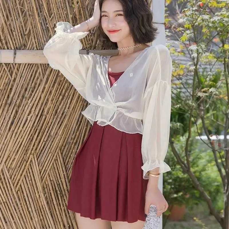 

2021Hidden Belly Is Thin, Hot Spring Conservative Long-Sleeved Blouse, Beach Skirt, Cute Fairy Fan Girl Swimsuit