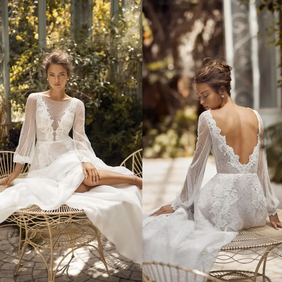 

2020 Country Wedding Dresses A Line Bridal Gowns Lace Appliqued Long Sleeve Wedding Dress Jewel Neck Robes De Mariée