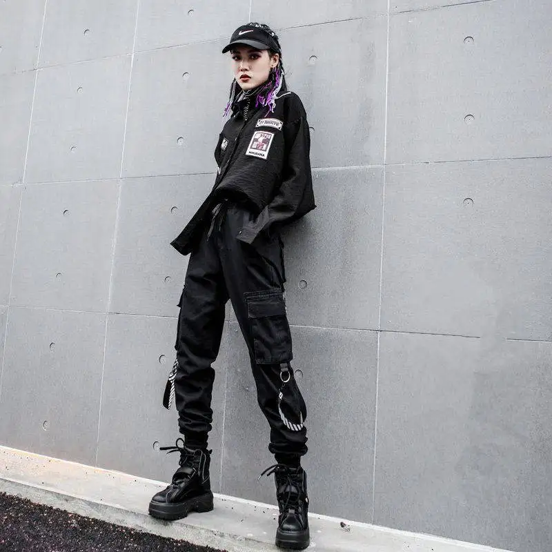 

Черные брюки-карго для женщин, свободные уличные брюки-карандаш в стиле пэчворк, модные крутые женские брюки в стиле хип-хоп, повседневные б...