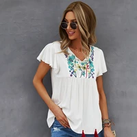 2021 summer womens embroidered sexy cotton linen short sleeve top fashion casual vacation white v neck t shirt