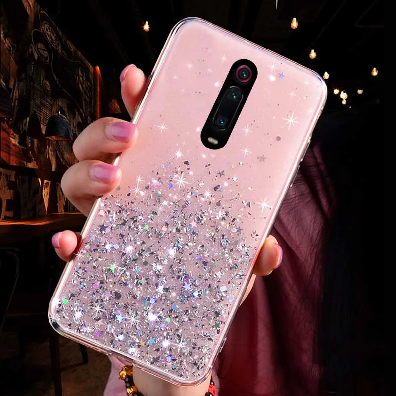 Прозрачный блестящий чехол для Xiaomi Redmi 7A 9A 9C 8A Note 7 8 Pro 8T 9 S Mi Lite SE A3 ТПУ + Блестящий