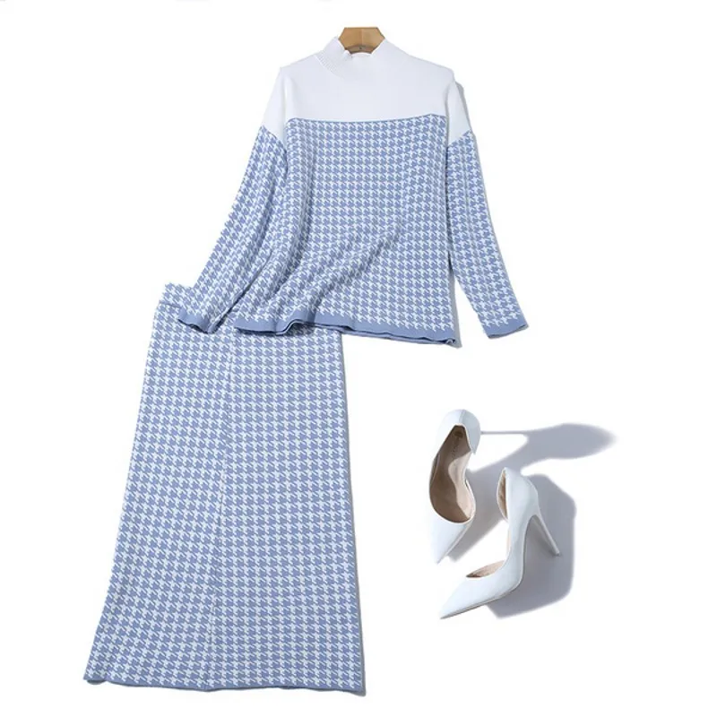 

2020 autumn winter Elegant long Sleeved Houndstooth Knitted Sweater Tops + Mini Skirts Women Fashion 2 pieces Knitting sets