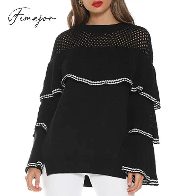 Femajor Women Fashion Hollow out Ruffle Knit Tops Female 2019 Autumn Winter Long Sleeves Jumper Sweater White Lady Pullover | Женская
