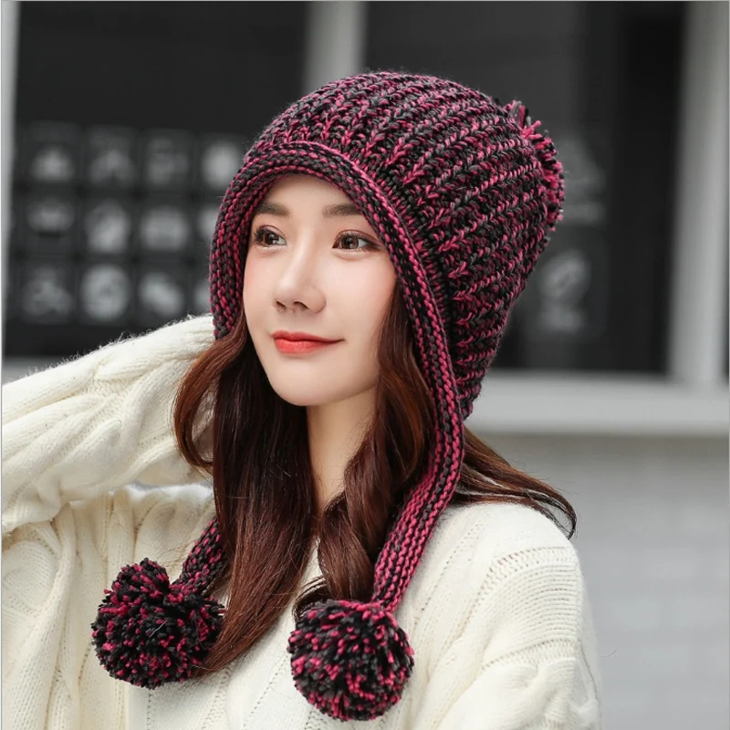 Утолщенная Лыжная зимняя шапка новинка 2019 модные вязаные помпоны зимние женские