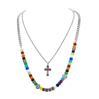 fashion cross pendant colorful beaded necklaces punk stainless steel double sweater necklace for men and women party jewelry