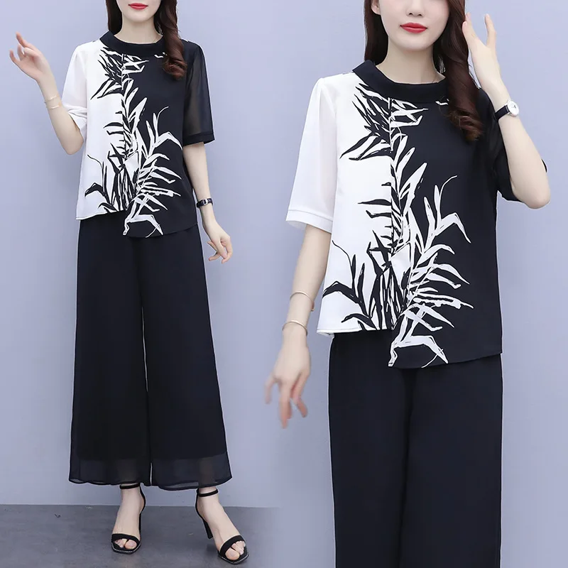 

Костюм женский из двух предметов, шифоновая рубашка с широкими штанинами, приталенный и пухлый Топ, свободное покрытие, костюм с юбкой для п...