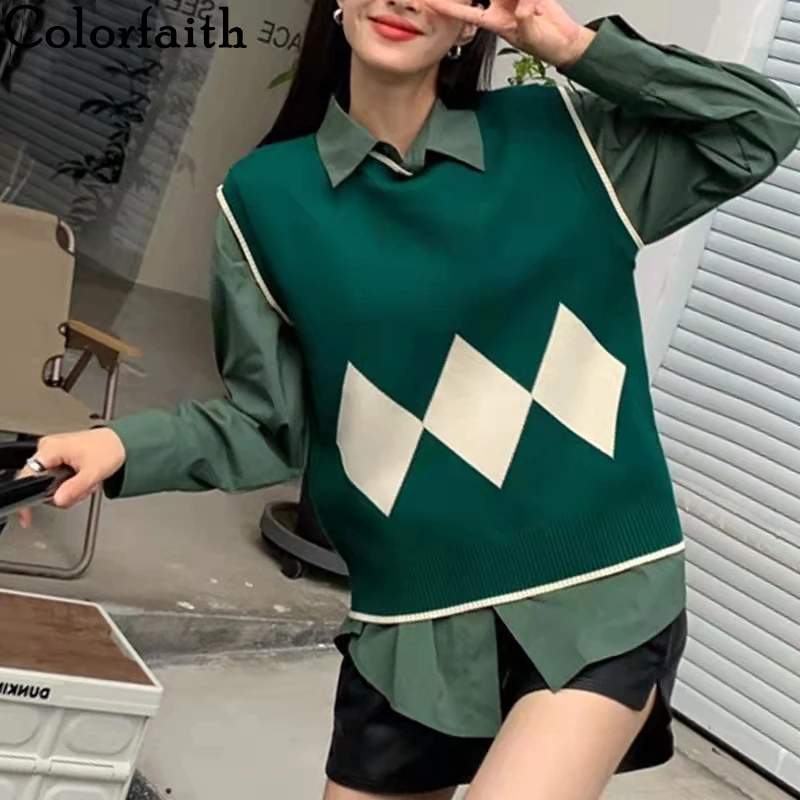 

Colorfaith 2021 New Autunm Winter Women Sweaters Waistcoat Sleeveless Color Blocking Knitted Checkered Vintage Vests SWV3225JX