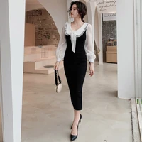 2020 autumn black dress women elegant contrast long sleeve sweet cute dress ladies with bow midi casual dresses for women party