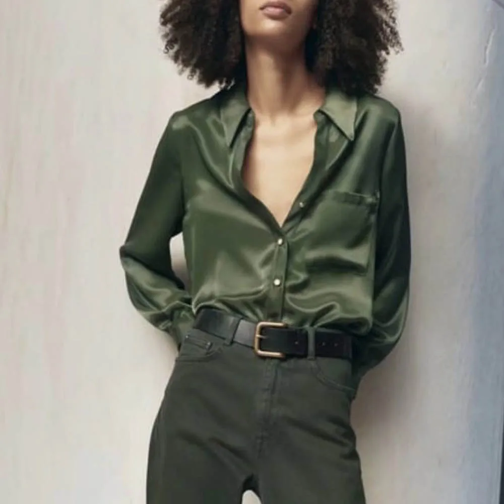 

Za Women's Fall 2021 New Pocket Silk Textured Shirt Fashion Short Lapel Casual All-match Female Chic Top Mujer