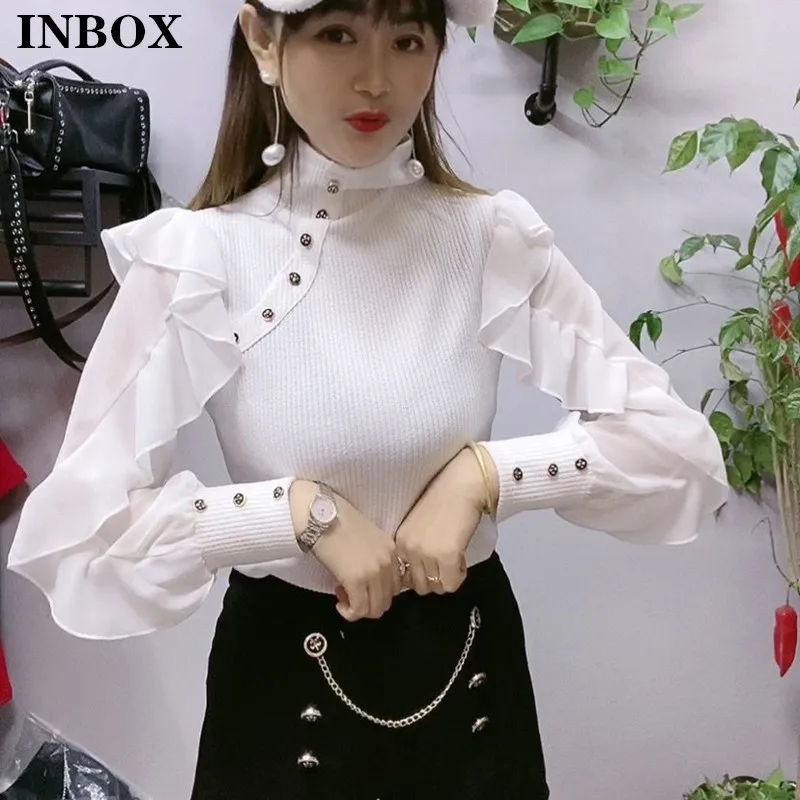 

Японская шифоновая Лоскутная футболка с длинным рукавом INBOX 2021, женские шикарные топы с высоким воротником и оборками, женские элегантные о...