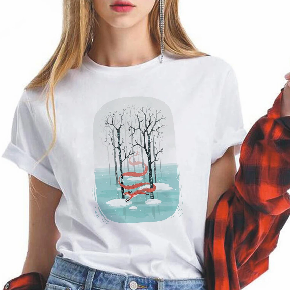

Aesthetic Printed Short Sleeve Women Cartoon Trendy Women T-shirt Long tail fox in the forest Paintings Printed 2021 New Tshirt