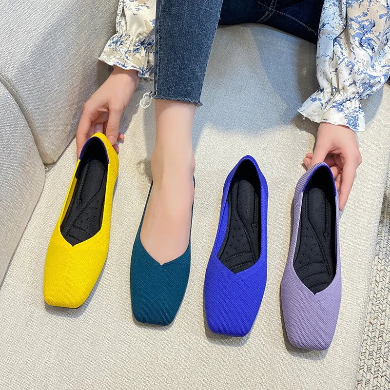 Women's Flat Shoes Breathable Ballet Shoes Shallow Knit Square Shoes Moccasin Mixed Color Soft Pregnant Shoes Zapatos De Mujer