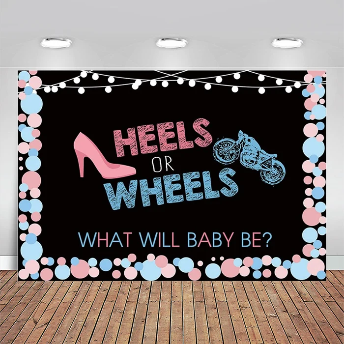 Heels or Wheels Gender Reveal Backdrop Pink Blue Dot Photography Background Boy or Girl Gender Surprise Party Banner Decoration