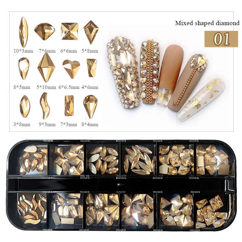 

12 Grid/bag Gold Silver Nail Rhinestones 3D Crystal Mix Metal Frame Nail Manicurre Tools Nail Supplies for Professionals