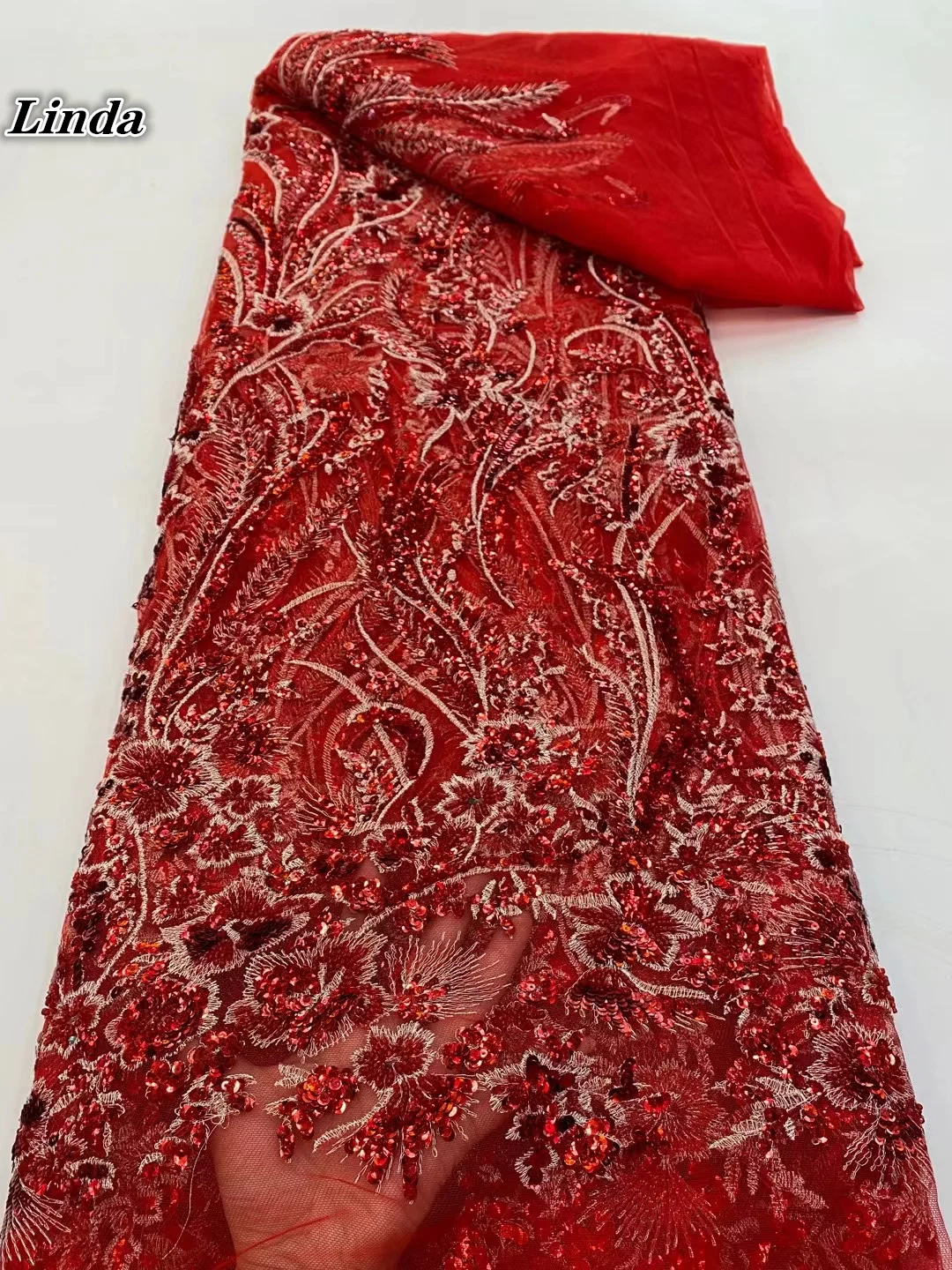

Linda Red Lace Fabric African Sequence Lace Fabric 2021 High Quality Embroidery Beaded Tulle Lace With Pearls For Bridal