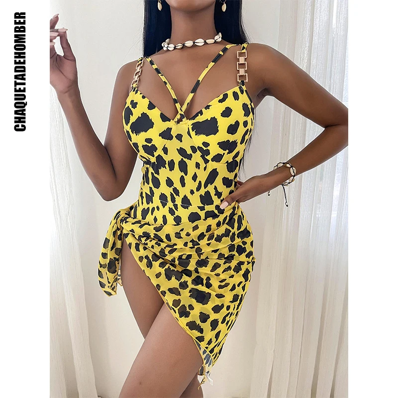 

Leopard Bikini Women Sexy Print Swimwear Push Up Chain Strap Cross Beach Wear 2021 Summer Fashion Personality Female Bathing Set