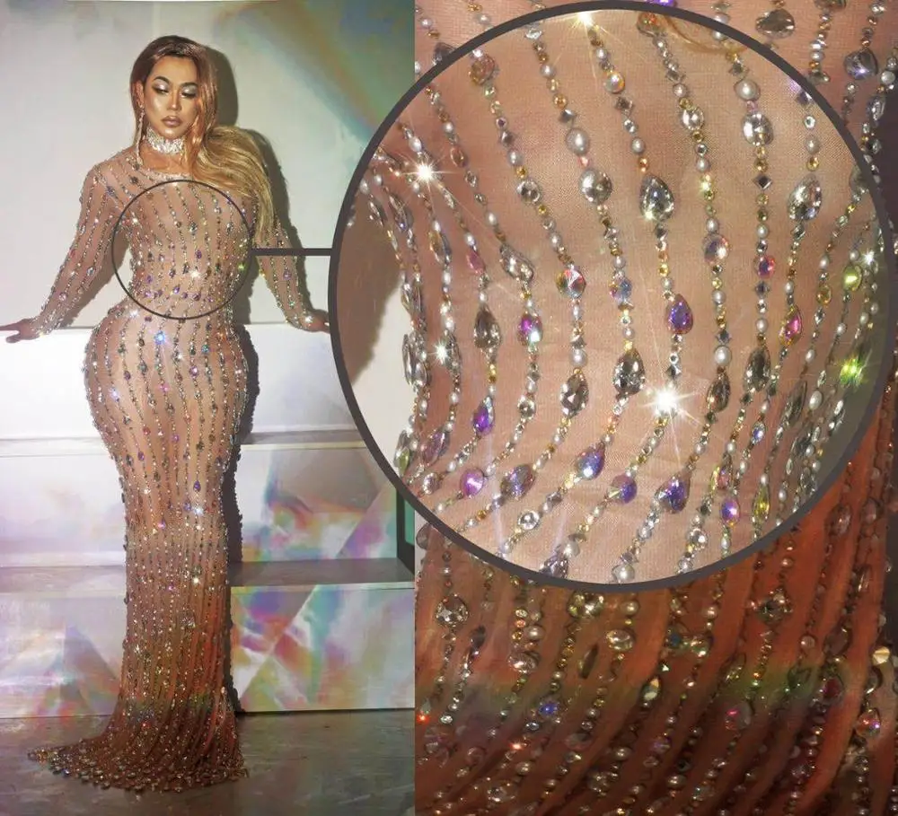 Модное цветное Сетчатое платье стразы с жемчужинами женское стрейч для