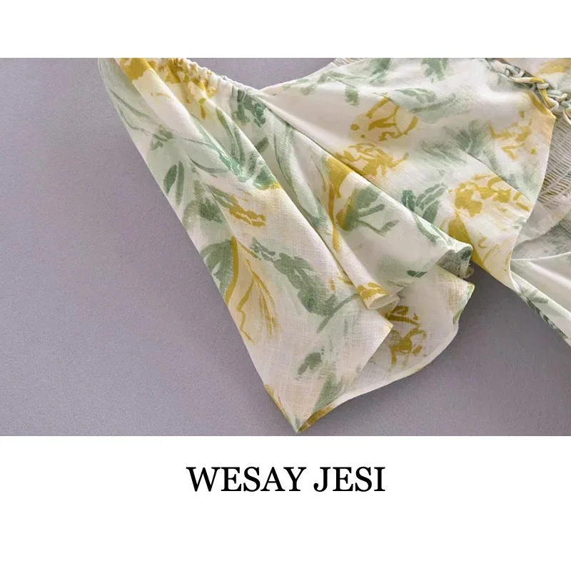 

WESAY JESI Fashion Summer Dress 2021 Elegant Party Dresses Short Sleeve Side Slit Sexy French Pastoral Drawstring Hollow Female