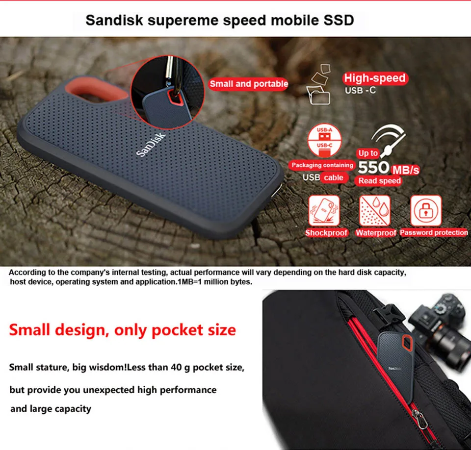 SanDisk E60 внешний SSD 2 ТБ 1 ТБ 500GB внешний твердотельный диск Портативный жесткий диск для ноутбука Настольный 550 м/с