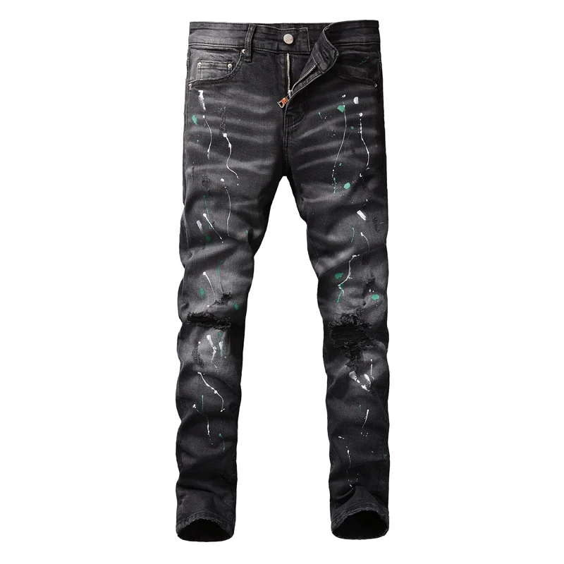 American Street Fashion Designer Men Jeans Retro Black Gray Slim Fit Ripped Jeans Men Painted Designer Hip Hop Denim Punk Pants