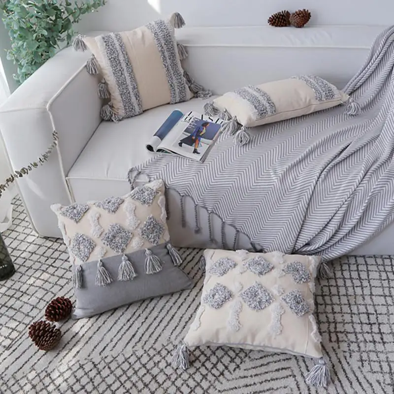 

Moroccan style cushion cover tufted tassel handmade neutral decorative pillowcase modern minimalist Nordic style cushion cover