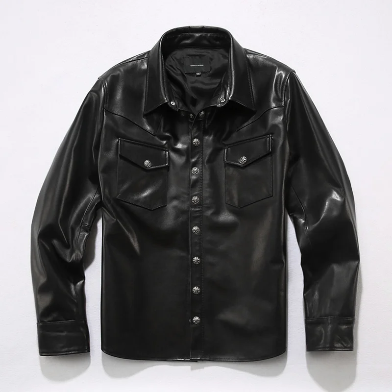 

Рубашка мужская с ремешком из 2020 натуральной телячьей шкуры, импортная повседневная кожаная куртка, модная мотоциклетная рубашка в японско...