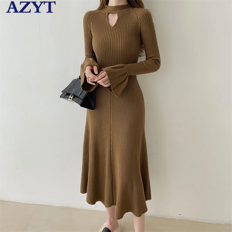 

AZYT High Quality Long Sleeve Knit Dress Women All-match Slim vestidos elegantes para mujer 2022 Spring New Knee-Length Dress