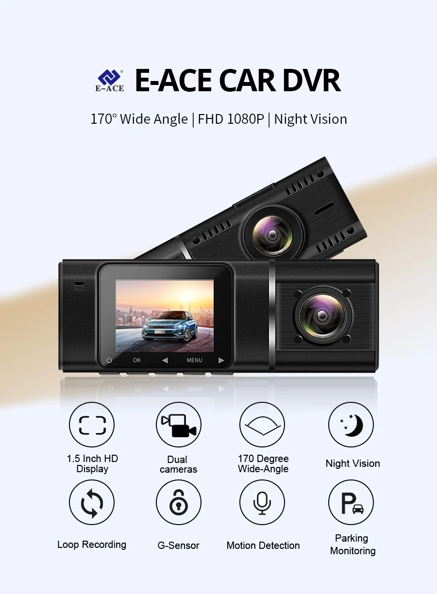 E-ACE B38 Автомобильный видеорегистратор 1,5 дюймов мини видеорегистратор Full HD 1080P видео рекордер с двумя объективами Автомобильная камера Автомобильный регистратор