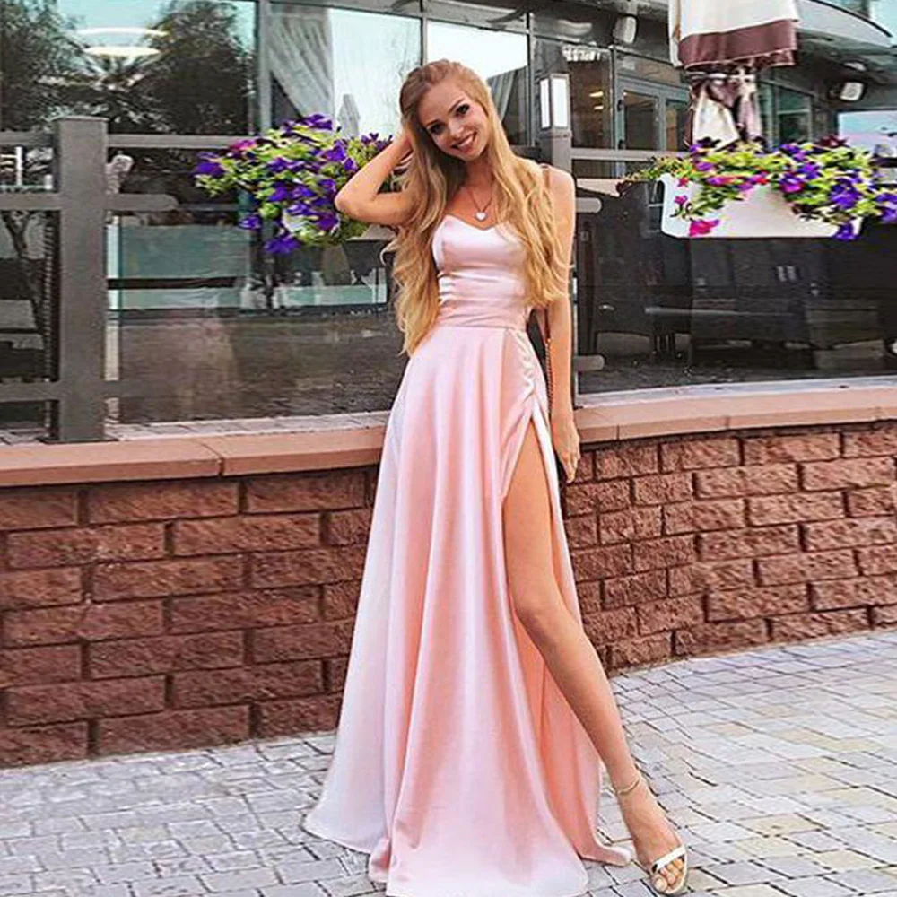 

Pink Sweetheart Evening Party Dresses Long 2021 Elegant A Line Spaghetti Straps V-Neck Satin Slit Prom Gown Vestidos De Fiesta
