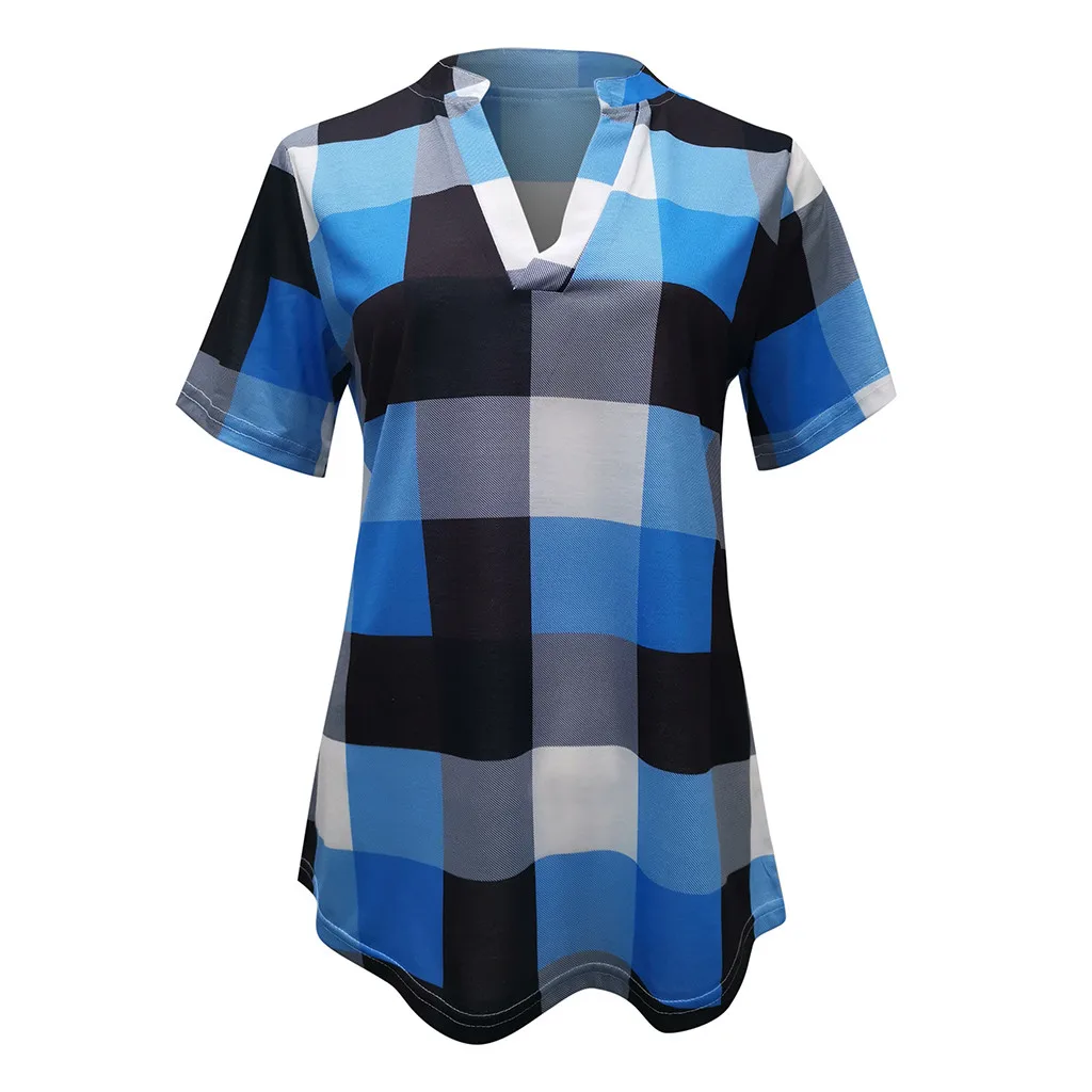 

Fashion Women Plaid Blouses Plus Size S-5XL Cotton shirt Casual Summer Sexy V-Neck Tunic Tops Female Short Sleeve Shirt Blusas