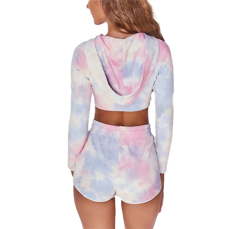 

2020 Sexy Two Piece Women's Outfits Tie-dye Long Sleeve Cropped Top and Shorts Two-piece Suit Outfits Women Lounge Set