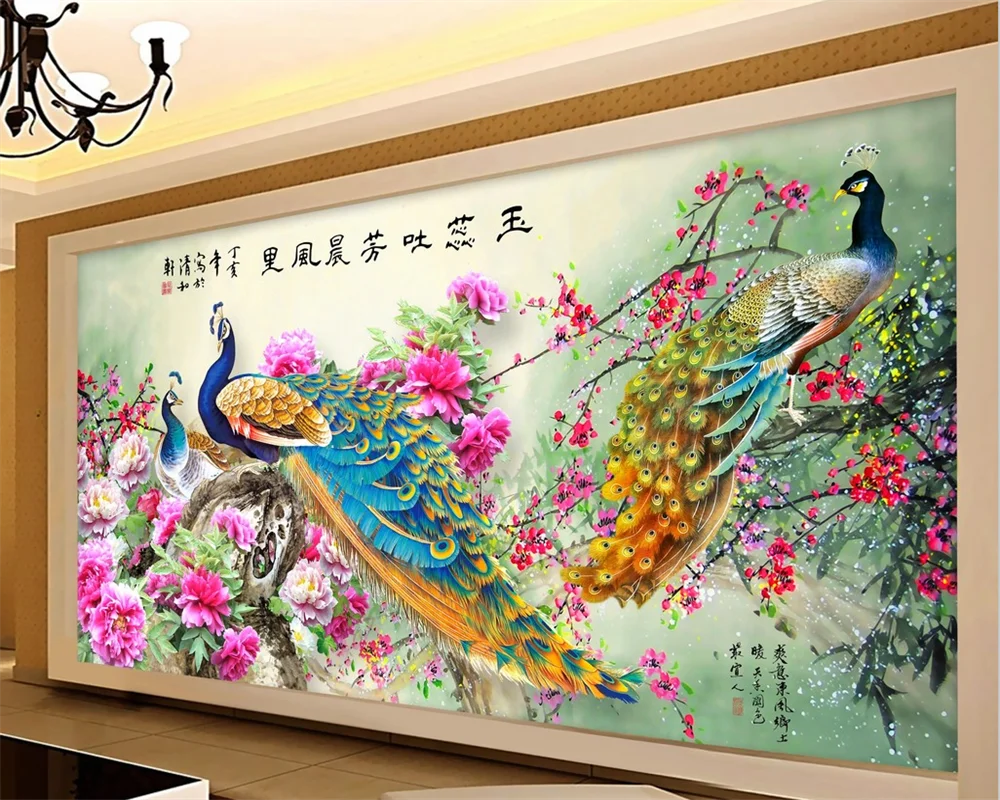 

wellyu Custom wallpaper 3d peacock auspicious bird family TV background wall living room bedroom restaurant mural papel de pared