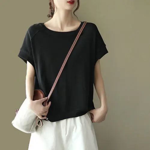 

Cotton 2021 new loose round neck Pullover T-shirt women's short sleeve art solid color front short back long personalized style
